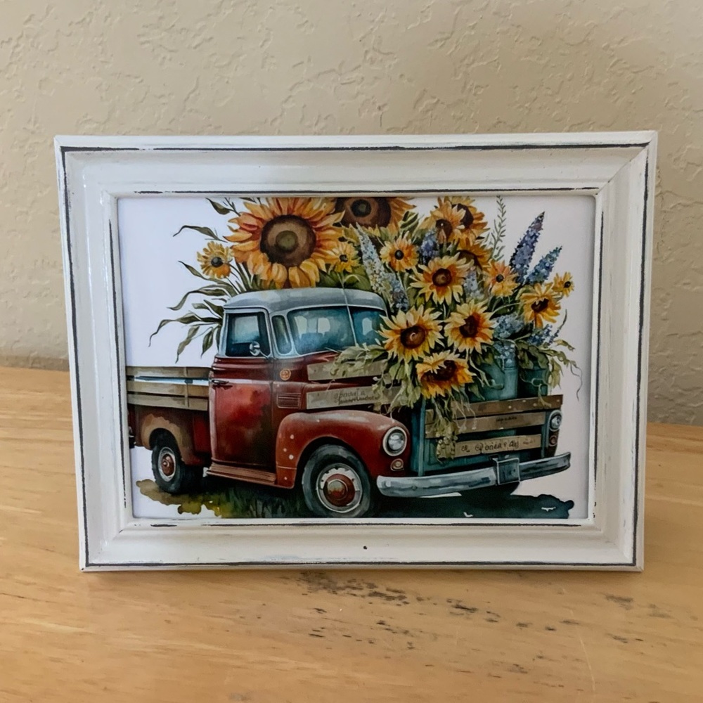 Farmhouse Vintage truck & sunflowers picture 5x7 w/frame